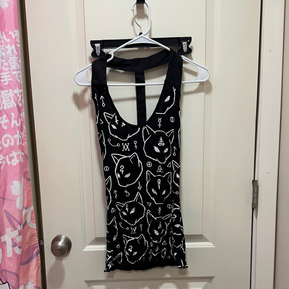 Killstar Black Tank Top with White Cat Symbols